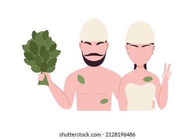 young couple in bathing suits with a broom.  vector colorful illustration. portrait of a male and female character in cartoon style.