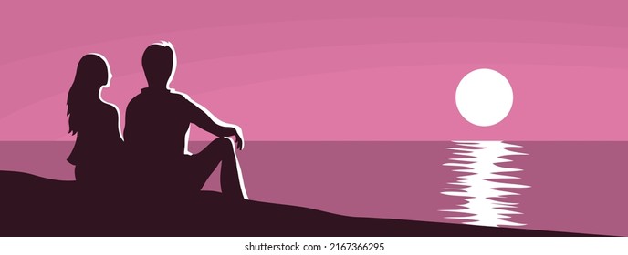 Young couple with a beautiful seascape. Evening sunset. Silhouette of a man and a girl on a violet background. Loving people sit on the shore. Vector cartoon romantic illustration banner