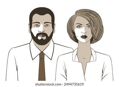 Young couple. Beautiful woman and bearded man in white shirts. Full face and office dress code. Vector illustration