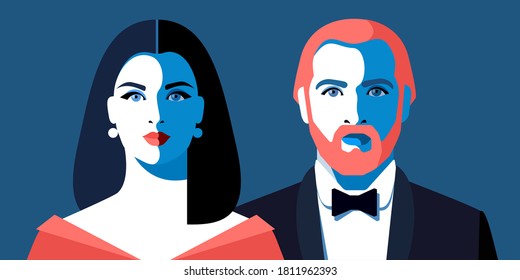 Young Couple. Beautiful Woman With Long Black Hair, In Red Decollete Dress, And Redhead Bearded Man In Tuxedo And Bow Tie. Full Face, Blue Eyes, Evening Dress Code. Vector Illustration