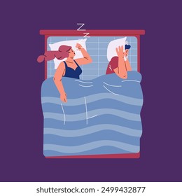 Young couple in bed at night. Snoring, insomnia, bad sleep concept. Cartoon annoyed stressed man suffering from insomnia because of snoring wife and covering ears with pillow. Vector flat illustration