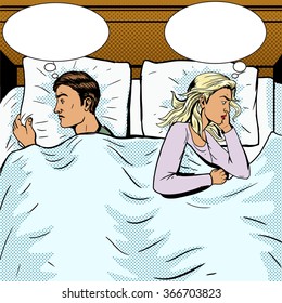 Young couple in bed offended pop art style vector illustration. Comic book style imitation. Newlyweds in bed. Married couple