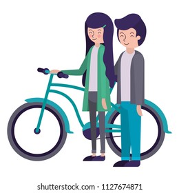 young couple with bicycle avatars characters