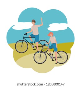 young couple in bicycle characters