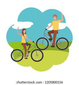 young couple in bicycle characters