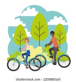 young couple in bicycle characters