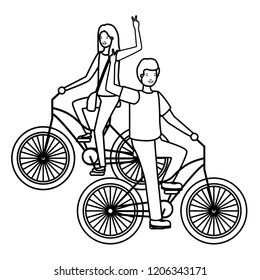 young couple in bicycle characters