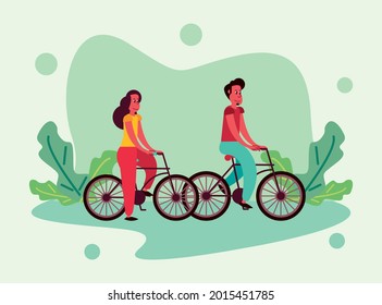 young couple in bicycle characters