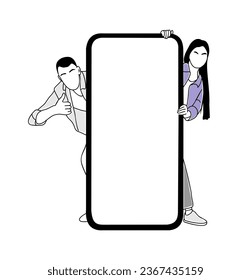 Young couple with big phone, showing blank screen. Advertising, marketing business concept. Vector simple outline drawing for graphic, web design Isolated on white background.	