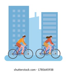 young couple bikes ride sport characters vector illustration design