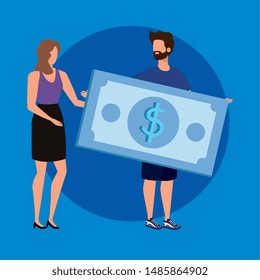 young couple with bills dollars character