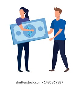 young couple with bills dollars characters