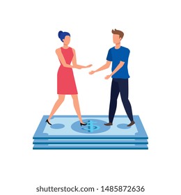 young couple with bills dollars characters