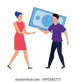 young couple with bills dollars characters