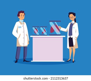 Young couple of bioengineer scientists grow organs for transplantation in bioengineering laboratory, flat cartoon vector illustration isolated on blue background.