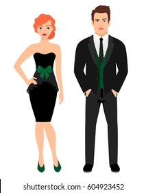 Young couple in black fashion outfit. Woman in little black dress and man in vest and jacket, vector illustration