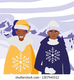 young couple black with winter clothes
