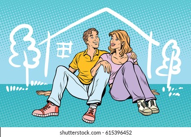 Young couple boy and girl dreams about the house. people sitting. Pop art retro comic book vector illustration. family husband and wife