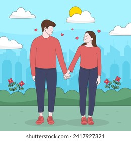 Young couple boy and girl standing holding hand embracing each other feeling in love. Romantic feelings and valentine's day concept. 