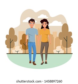 Young couple boyfriend and girlfriend smiiling and walking cartoon in the park vector illustration graphic design