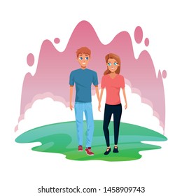 Young couple boyfriend and girlfriend smiiling and walking cartoon outdoors nature park with landscape background vector illustration graphic design