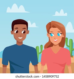 Young couple boyfriend and girlfriend smiiling and walking cartoon in the desert camoing adventure ,vector illustration.