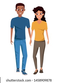 Young couple boyfriend and girlfriend smiiling and walking cartoon isolated vector illustration graphic design