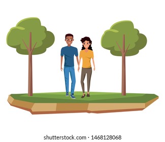 Young couple boyfriend and girlfriend smiiling and walking cartoon in the park vector illustration graphic design