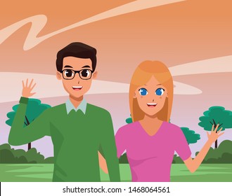 Young couple boyfriend and girlfriend smiling and greeting at park vector illustration graphic design