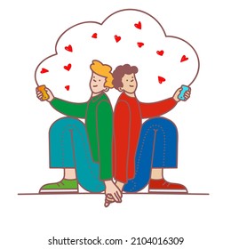 Young couple of boys  sit together back to back and  communicate on the phone by sending each other emoji - hearts. Vector color  illustration  