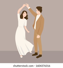 young couple bride and groom  dancing in cartoon style. for wedding invitation, poster