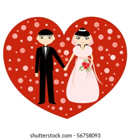 Young couple: bride and groom, on background in shape of heart