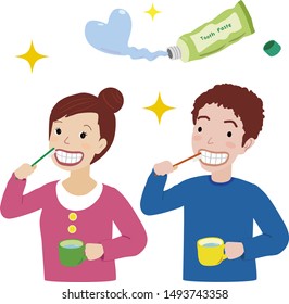 a young couple brushing teeth
