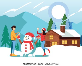 Young Couple Building Snowman Together Character Illustration