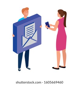 young couple and button with envelope mail vector illustration design