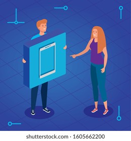 young couple and button with smartphone isolated icon vector illustration design