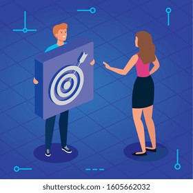 young couple and button with target and arrow vector illustration design