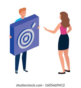 young couple and button with target and arrow vector illustration design