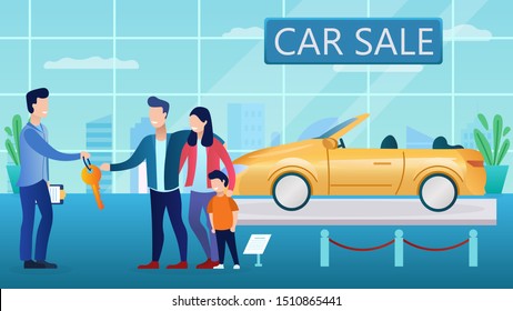 Young couple buy a car in the salon. Interior of the showroom. The seller hands over the car keys. Car leasing.  loan. New car for the family. Yellow cabriolet. Flat Cartoon Vector Illustration