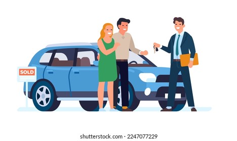 Young couple buying car. Auto dealer selling vehicle to man and woman. Automobile dealership agent talking with clients. Transport purchase. Salesman and buyers with key