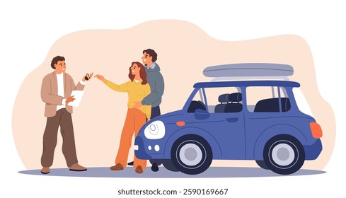 Young couple buying car. Auto dealer selling vehicle to happy man and woman. Automobile dealership agent talking with clients. Transport purchase. Salesman and buyers