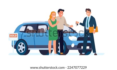 Young couple buying car. Auto dealer selling vehicle to man and woman. Automobile dealership agent talking with clients. Transport purchase. Salesman and buyers with key
