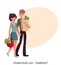 Young couple buying food at grocery store, cartoon vector illustration on background with place for text. Full length portrait of young boy and girl carrying shopping bags with food products