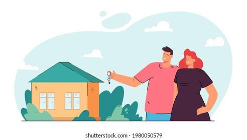 Una pareja joven comprando una casa nueva. Feliz hombre y mujer parados frente a la casa. Caracteres masculinos sujetando claves. inmobiliaria para banner, diseño de sitio web o página web de aterrizaje