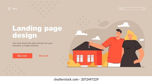 Young couple buying new house. Happy woman and man standing in front of house. Male character holding keys. real estate for banner, website design or landing web page