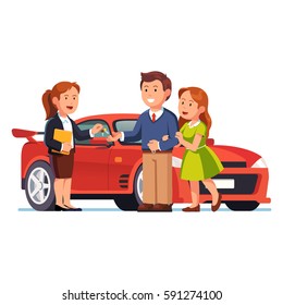 Young couple buying or renting yellow sports car. Salesman selling auto and giving keys to happy family. Man & woman standing next to new auto. New purchase concept. Flat style vector illustration.