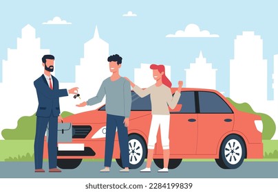 Young couple buys or rents red car and gets keys from seller. Family buying automobile. Customers and agent. Salesman holding key of new vehicle. Cartoon flat illustration. Vector concept