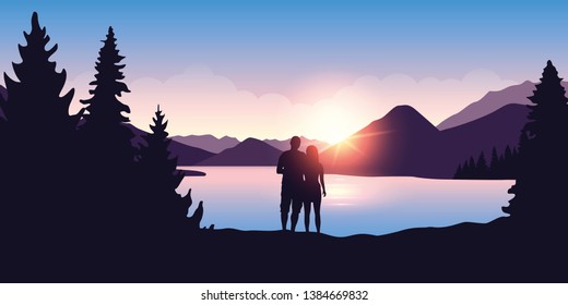 young couple by the river enjoy the forest nature landscape at sunrise vector illustration EPS10