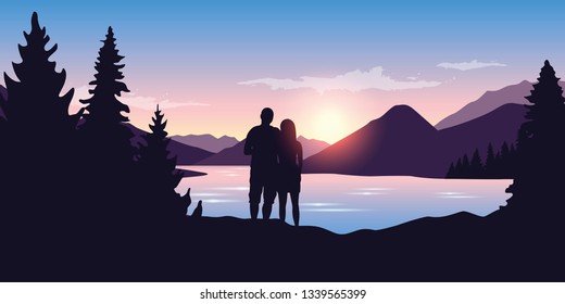 young couple by the river in forest nature landscape at sunrise vector ilustration EPS10