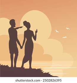 Young couple by the sea. Silhouette of people against the background of sunset. Cloudy seascape. Romantic date between a man and a woman. Fabulous view. Vector illustration